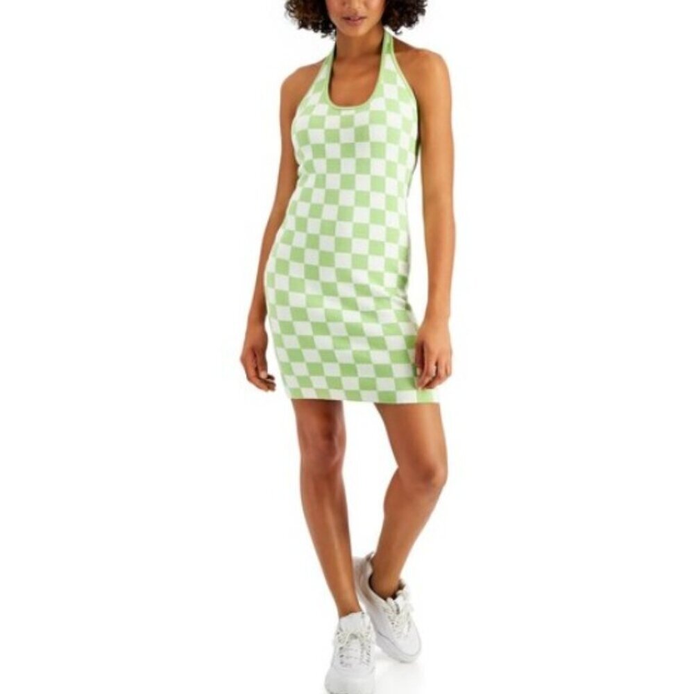Just Polly Green Checkered Halter Mini Dress